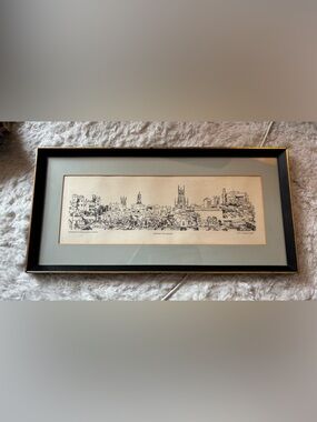Framed Black & Cream Cityscape Print with blue mat Kilkenny Ireland